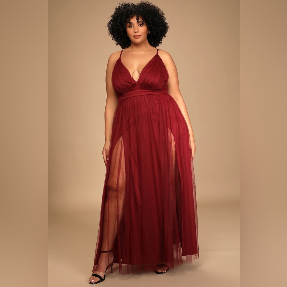 Lulu's Burgundy Rare Beauty Burgundy Tulle Backless Maxi Dress 1X - Picture 2 of 14